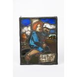 'Little Boy Blue' a stained glass window probably Scottish, rectangular, depicting a young