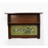 A Liberty & Co mahogany overmantle shelf, shaped rectangular form with box shelf, inset with a print