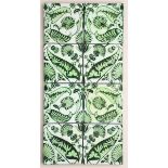 A William De Morgan eight tile panel, painted with scrolling foliage in green on a white ground,