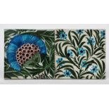 A William De Morgan Early Fulham Period BBB tile, painted with a flower in blue, aubergine and green