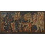 A large embossed paper panel, rectangular, decorated with medieval knights on horseback, in