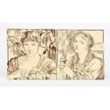 A pair of Minton Hollins & Co tiles, each printed with a Pre-Raphaelite classical figure in sepia on