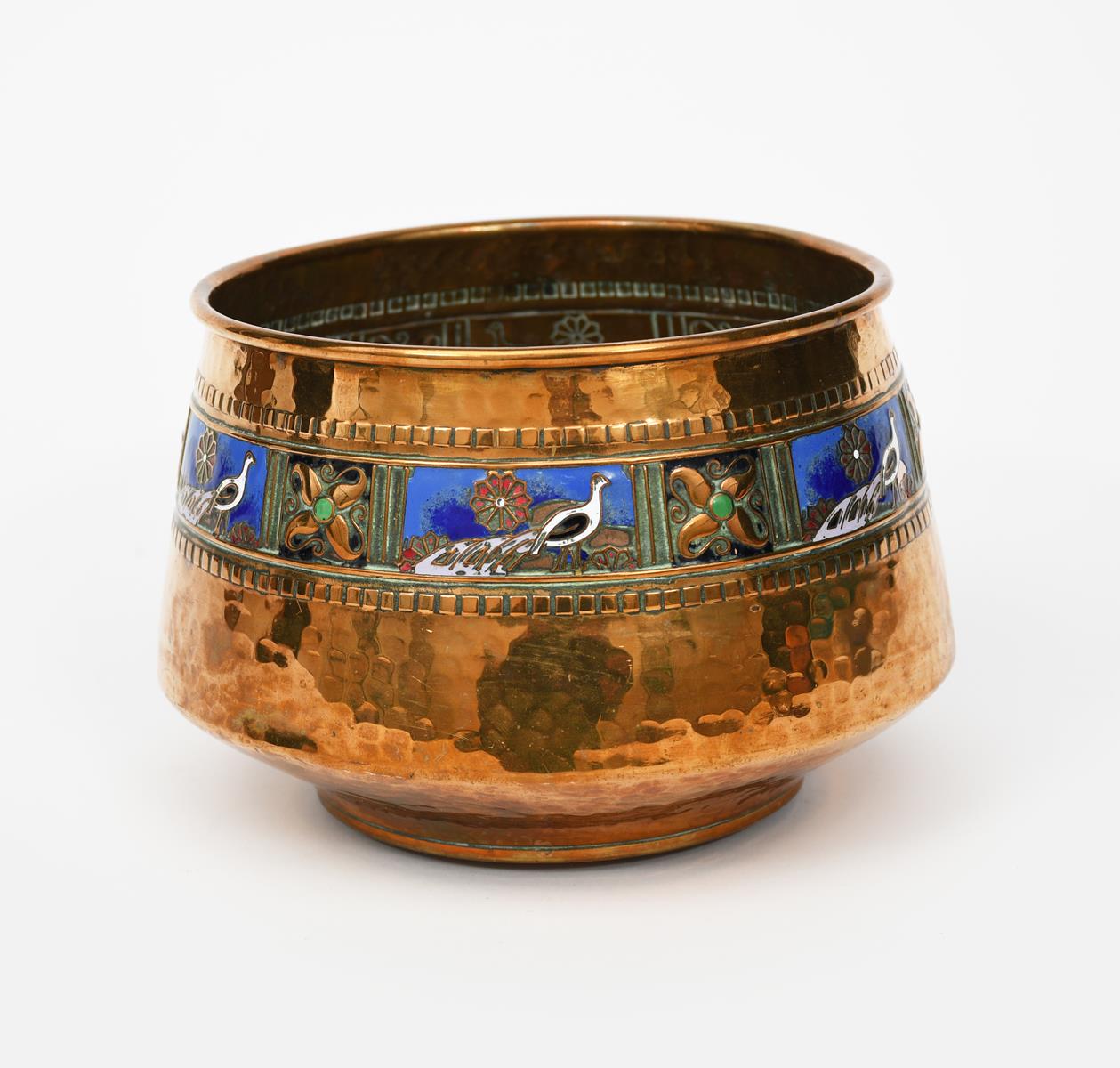 A WMF patinated brass and enamel vase, tapering cylindrical form, cast with and enamelled with a