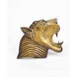 A patinated bronze tiger's head wall plaque, cast with mouth open, applied wall hanging loop to