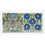 A William De Morgan Sands End Pottery tile, painted with five daisy tiles, in blue, green and