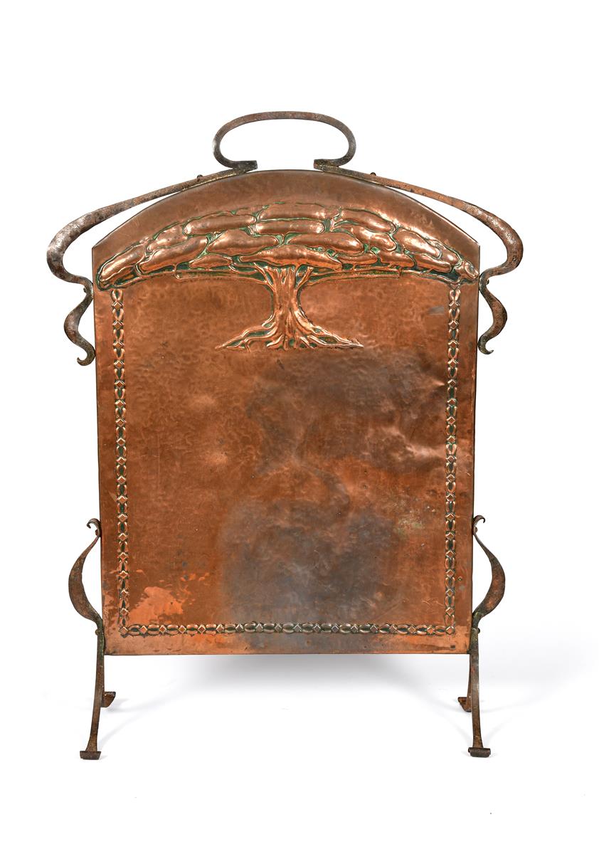A copper and wrought iron firescreen in the manner of John Pearson, rounded rectangular panel
