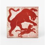 A William De Morgan Merton Abbey Prancing Lioness and Cub tile, painted with a large lioness above