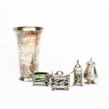 An Art Nouveau William Devenport silver and glass cruet set, cast with whiplash foliage design,