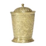 A GILT METAL BEAKER AND COVER POSSIBLY PERSIAN, LATE 18TH / 19TH CENTURY of tapering cylindrical