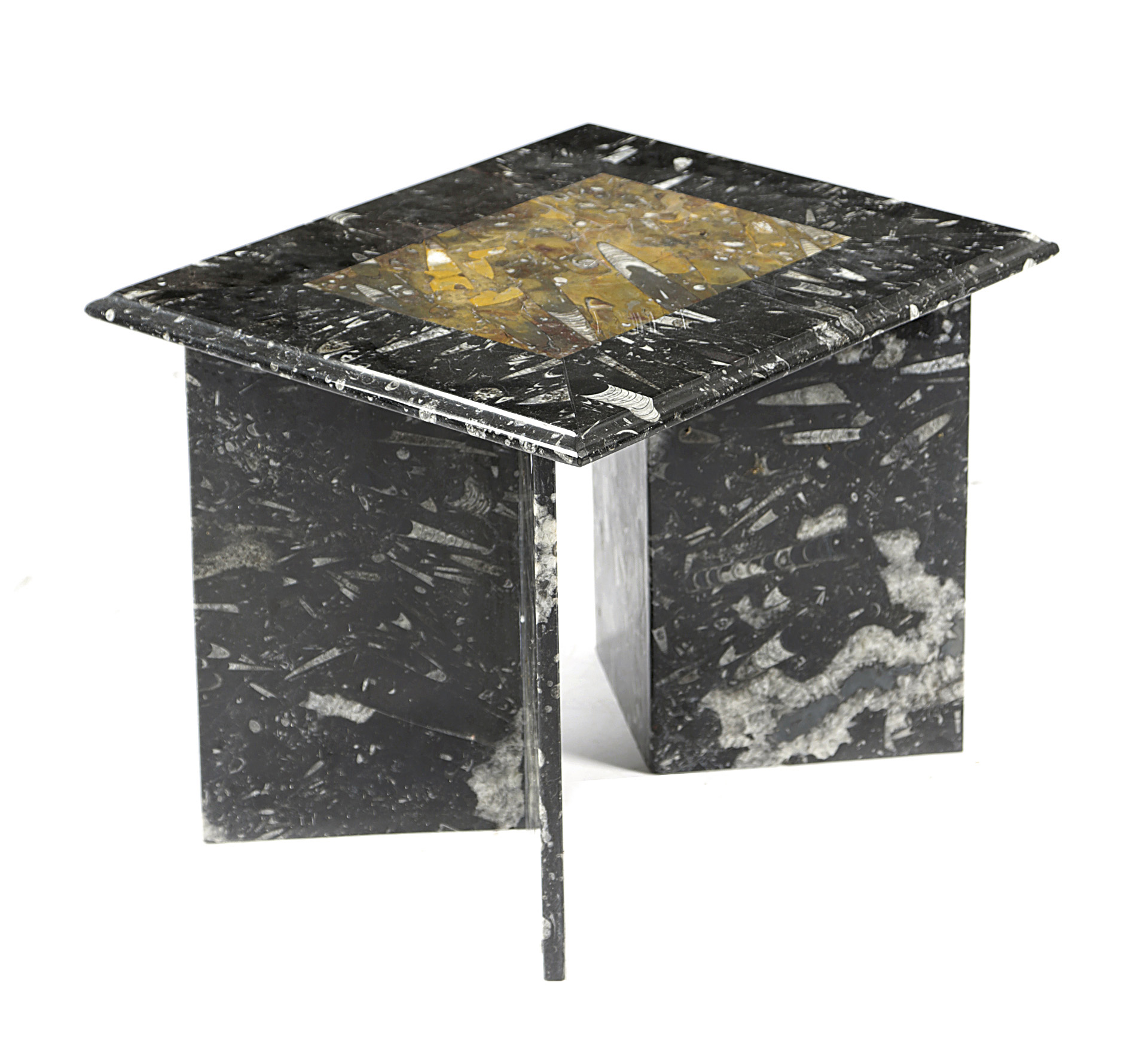 A MOROCCAN POLISHED FOSSIL GREY STONE TABLE LATE 20TH CENTURY in three sections (3) 47cm high,