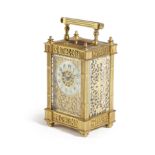 A FRENCH GILT BRASS CARRIAGE TIMEPIECE LATE 19TH CENTURY the eight day brass platform escapement