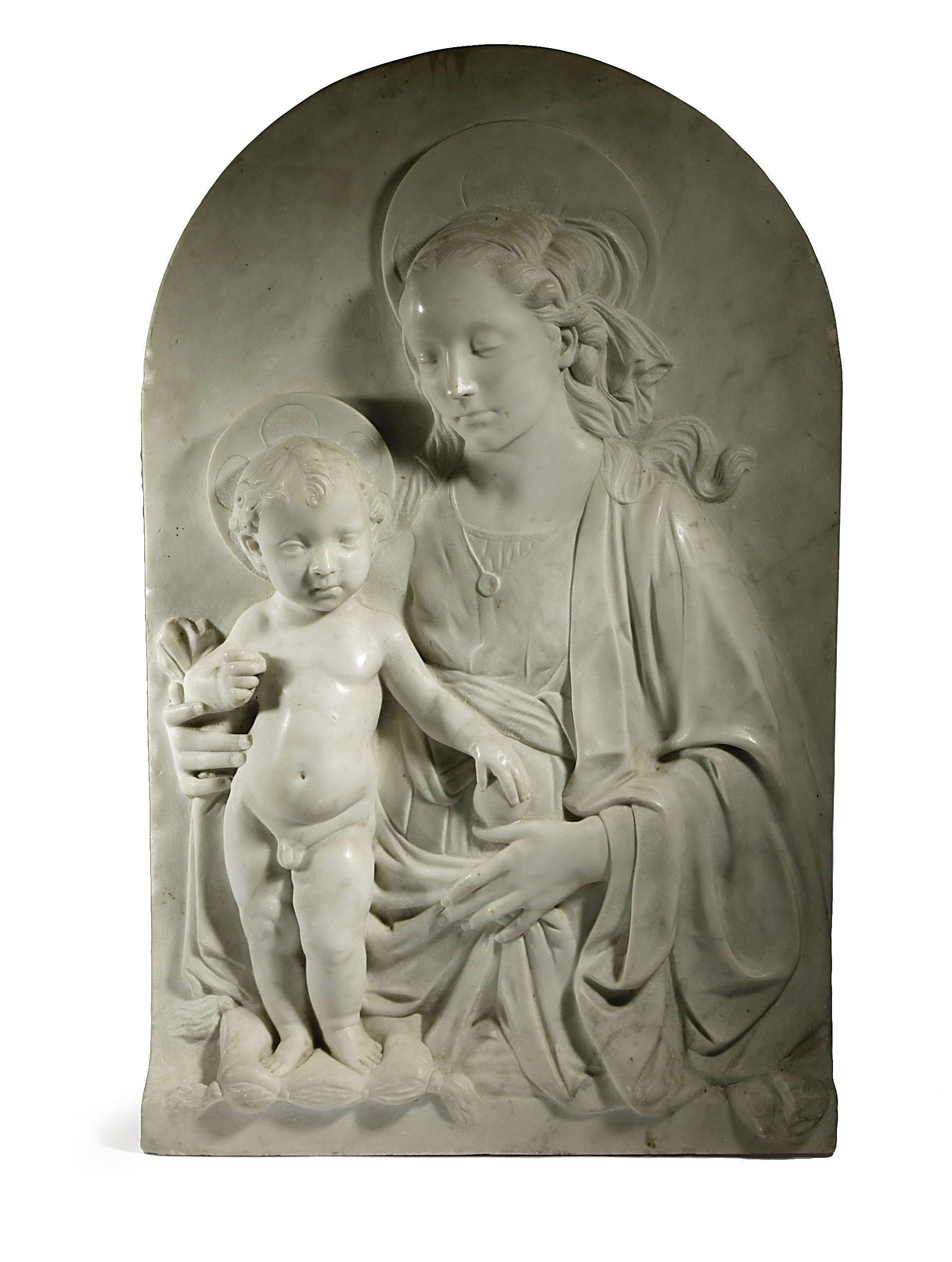 AN ITALIAN MARBLE RELIEF OF THE MADONNA AND CHILD AFTER VERROCCHIO, ATTRIBUTED TO GIOVANNI