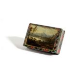 A VICTORIAN SCOTTISH MAUCHLINE WARE TARTAN SNUFF BOX C.1860 of rectangular form, painted with a loch