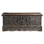 A CHESTNUT COFFER 16TH CENTURY the hinged top with a thumbnail moulding, the interior with a