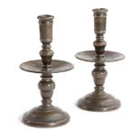 A PAIR OF DUTCH BRONZE HEEMSKERK CANDLESTICKS POSSIBLY LATE 17TH CENTURY each with a tapering