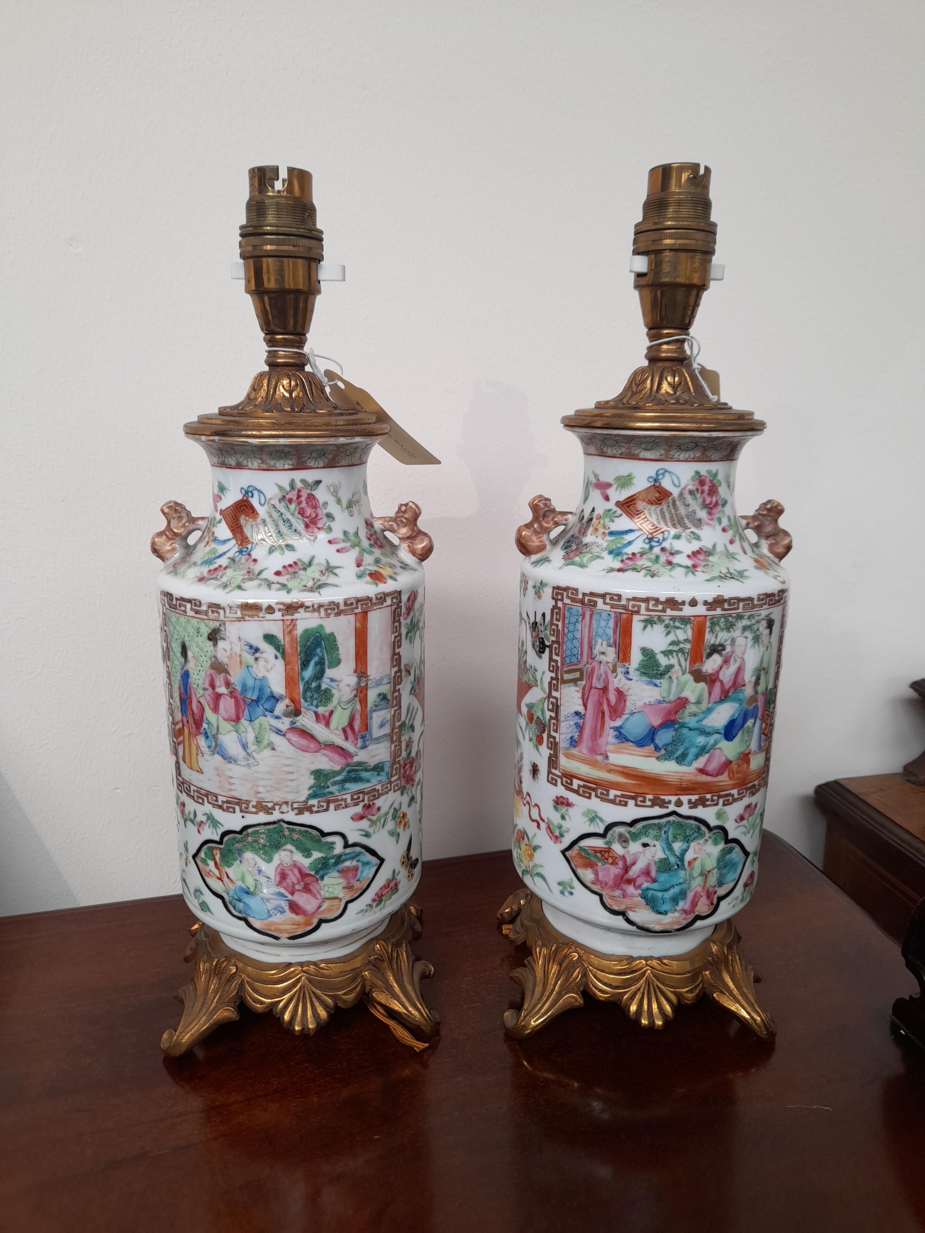 A PAIR OF CHINESE CANTON PORCELAIN FAMILLE ROSE VASE TABLE LAMPS LATE 19TH CENTURY painted with - Image 9 of 9