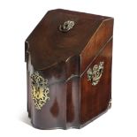 A GEORGE III MAHOGANY SERPENTINE KNIFE BOX C. 1790 with brass fret-work escutcheon, handle plates