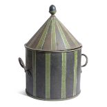 A VICTORIAN PAINTED TOLE COAL BIN C.1870 of two handled circular form, with a conical cover