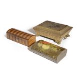 λ A REGENCY SARCOPHAGUS SEWING BOX EARLY 19TH CENTURY gilt decorated with scrolling leaves, with a