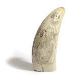 A SPERM WHALE TOOTH WITH SCRIMSHAW DECORATION 19TH CENTURY carved with a mother and two children