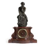 A FRENCH BRONZE AND ROUGE GRIOTTE MARBLE MANTEL CLOCK C.1870-80 the eight day brass cylinder