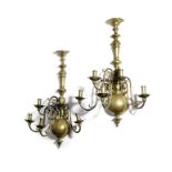 A PAIR OF DUTCH BRASS WALL LIGHTS IN 18TH CENTURY STYLE with five-lights on scroll branches and