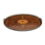 A GEORGE III MAHOGANY AND MARQUETRY OVAL TRAY C.1790 with a brass balustrade gallery and a pair of