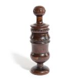 A TREEN FRUITWOOD MORTAR GRATER POSSIBLY LABURNUM, LATE 17TH / EARLY 18TH CENTURY with an orb