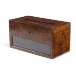 A VICTORIAN BURR WALNUT COUNTRY HOUSE LETTER BOX C.1860-70 of rectangular form, with a broad slot to