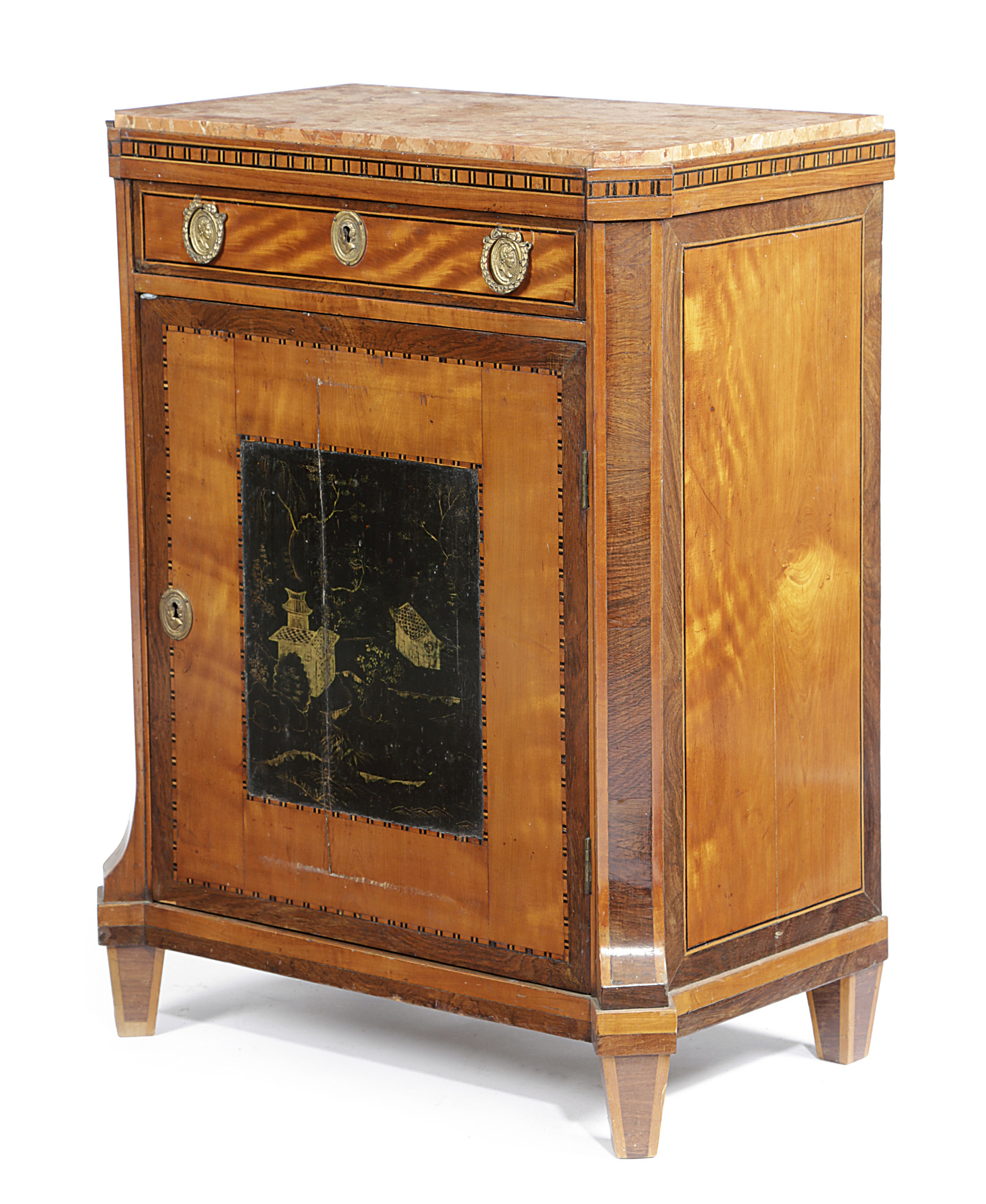 λ A DUTCH SATINWOOD AND ROSEWOOD SIDE CABINET 19TH CENTURY with parquetry banding, the inset