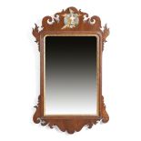 A MAHOGANY FRET-FRAME WALL MIRROR IN GEORGE II STYLE LATE 19TH CENTURY with parcel gilt decoration