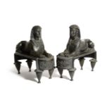 A PAIR OF FRENCH EMPIRE BRONZE SPHINX CHENETS AFTER PIERRE-PHILLIPPE THOMIRE (FRENCH 1751-1843),