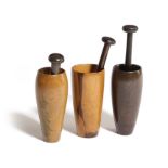 THREE TREEN LIGNUM VITAE APOTHECARY / SNUFF PESTLES AND MORTARS 19TH CENTURY AND LATER of tear and