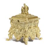A FRENCH RENAISSANCE REVIVAL GILT METAL JEWELLERY CASKET 20TH CENTURY of square section, cast with