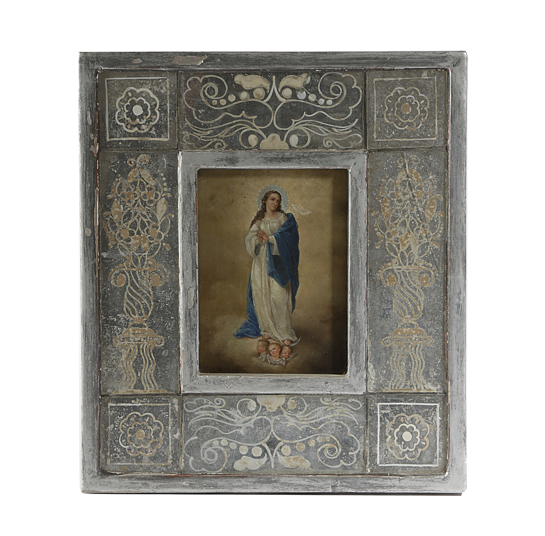 AN OIL ON COPPER OF THE VIRGIN MARY IN THE MANNER OF MURILLO, 19TH CENTURY stood standing on clouds,