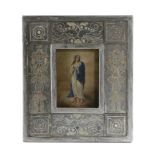 AN OIL ON COPPER OF THE VIRGIN MARY IN THE MANNER OF MURILLO, 19TH CENTURY stood standing on clouds,