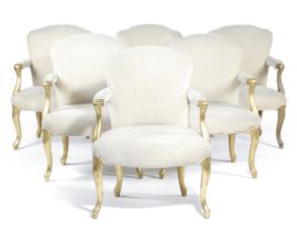 A SET OF SIX GILTWOOD FAUTEILS IN LOUIS XV STYLE MID-19TH CENTURY the cartouche shaped back above