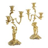 A PAIR OF FRENCH ORMOLU THREE-LIGHT CANDELABRA IN LOUIS XV STYLE 19TH CENTURY each modelled with a