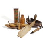 A COLLECTION OF TREEN 19TH CENTURY AND LATER including: a four section spice tower, butter pats,