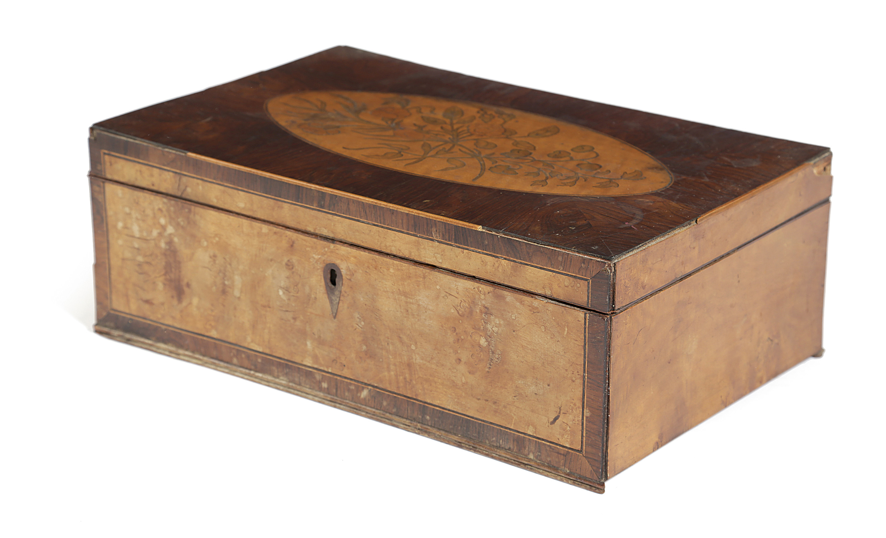 λ A GEORGE III ROSEWOOD AND MARQUETRY BOX C.1790 of rectangular form, the top inlaid with a stained,