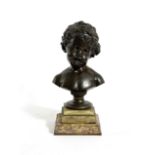 A BRONZE BUST OF A YOUNG CHILD FRENCH, LATE 19TH CENTURY modelled with a hairband, smiling and
