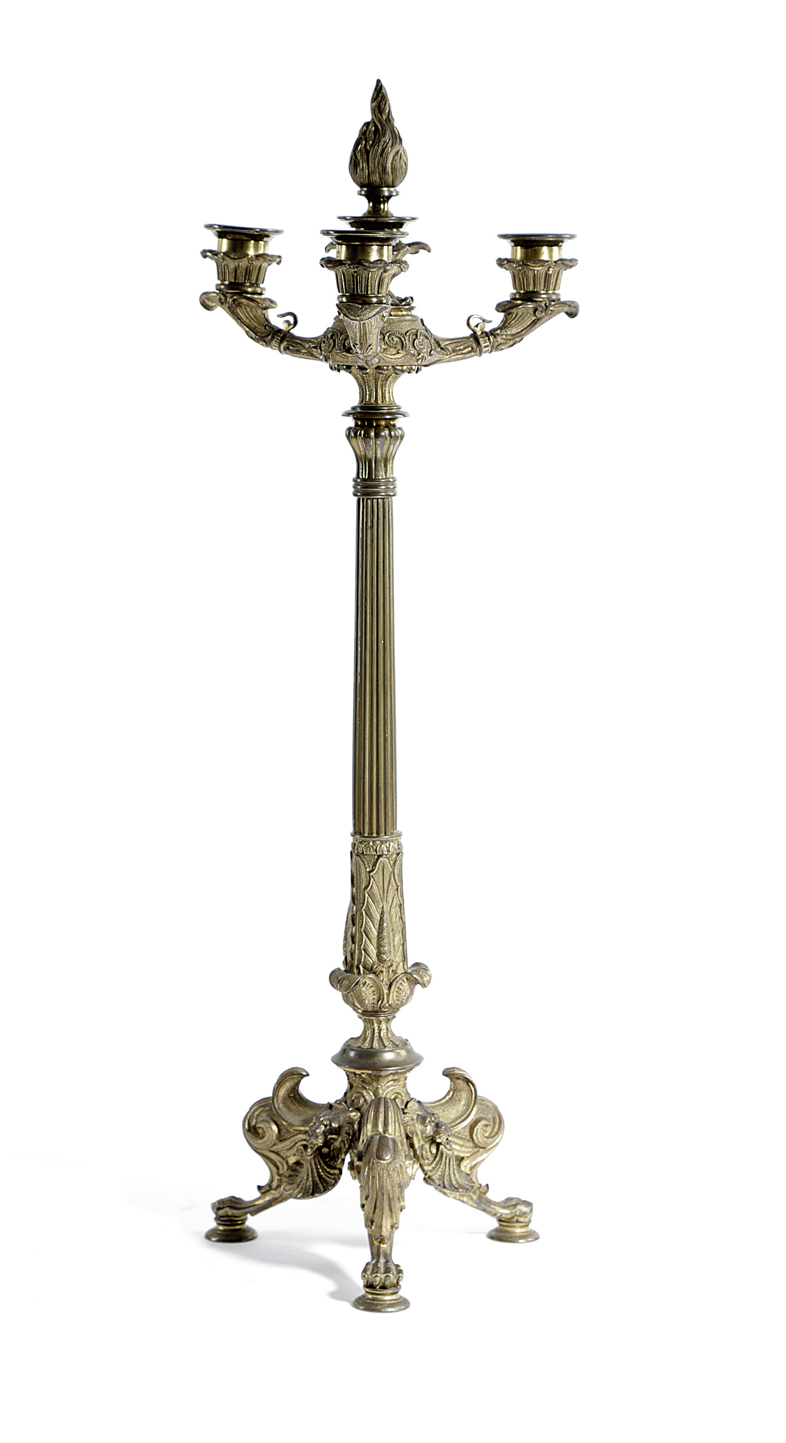 A GILT BRONZE FOUR-LIGHT CANDELABRUM IN EMPIRE STYLE 19TH CENTURY the three branches around a