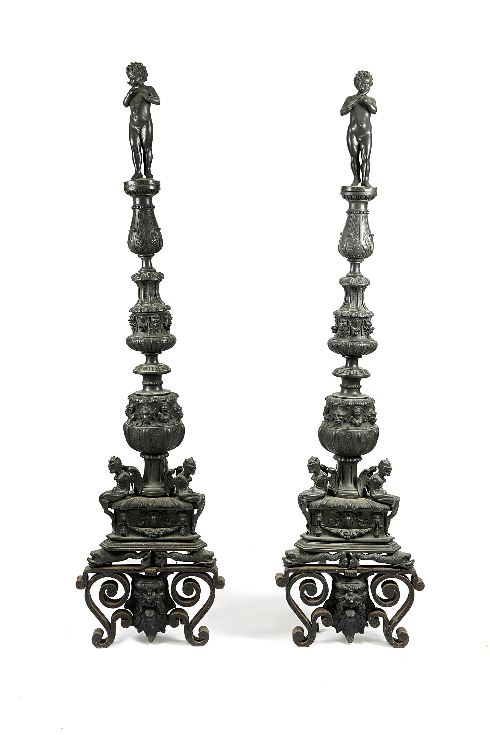 A PAIR OF LARGE ITALIAN BRONZE ANDIRONS IN RENAISSANCE STYLE VENETIAN, LATE 19TH CENTURY each with a