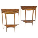 A PAIR OF LATE VICTORIAN SATINWOOD AND MARQUETRY CONSOLE TABLES IN THE MANNER OF EDWARDS &