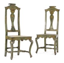 A PAIR OF ITALIAN GREEN JAPANNED SIDE CHAIRS IN 18TH CENTURY STYLE PROBABLY VENETIAN, LATE 19TH