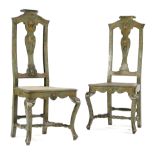 A PAIR OF ITALIAN GREEN JAPANNED SIDE CHAIRS IN 18TH CENTURY STYLE PROBABLY VENETIAN, LATE 19TH