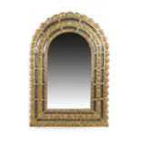 A SPANISH GILTWOOD AND VERRE EGLOMISE MIRROR IN BAROQUE STYLE 20TH CENTURY with an arched plate,