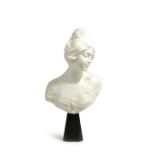 A FRENCH ALABASTER BUST OF A YOUNG LADY EARLY 20TH CENTURY her eyes downcast, her dress with a