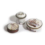 THREE ENAMEL BOXES AND COVERS 19TH CENTURY painted with scenes of classical ruins (3) 8cm