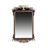 A MAHOGANY WALL MIRROR IN GEORGE II STYLE EARLY 20TH CENTURY with a bevelled plate and parcel gilt